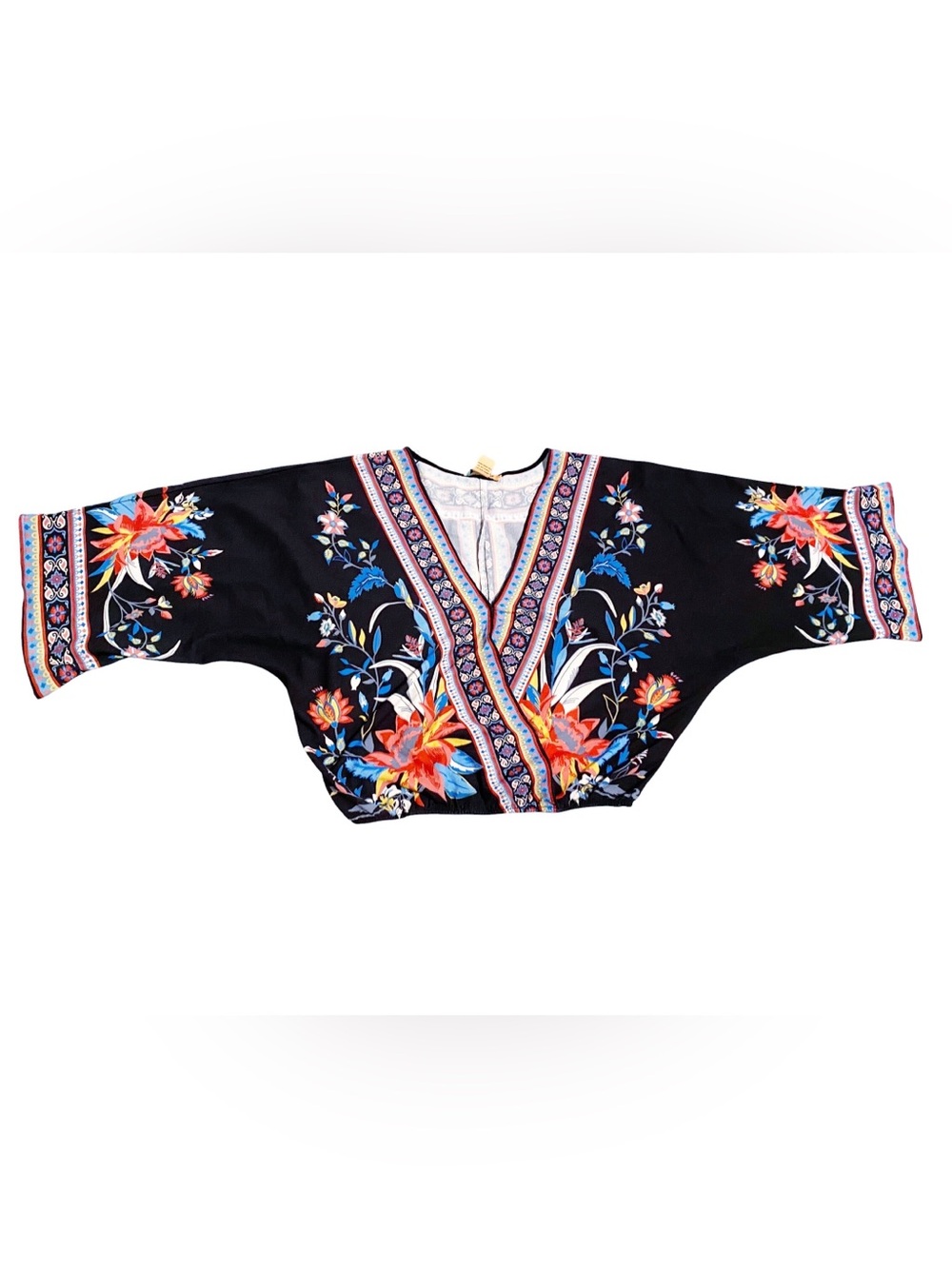 Flying Tomato Black Floral Print Kimono Style Wrap Top Small